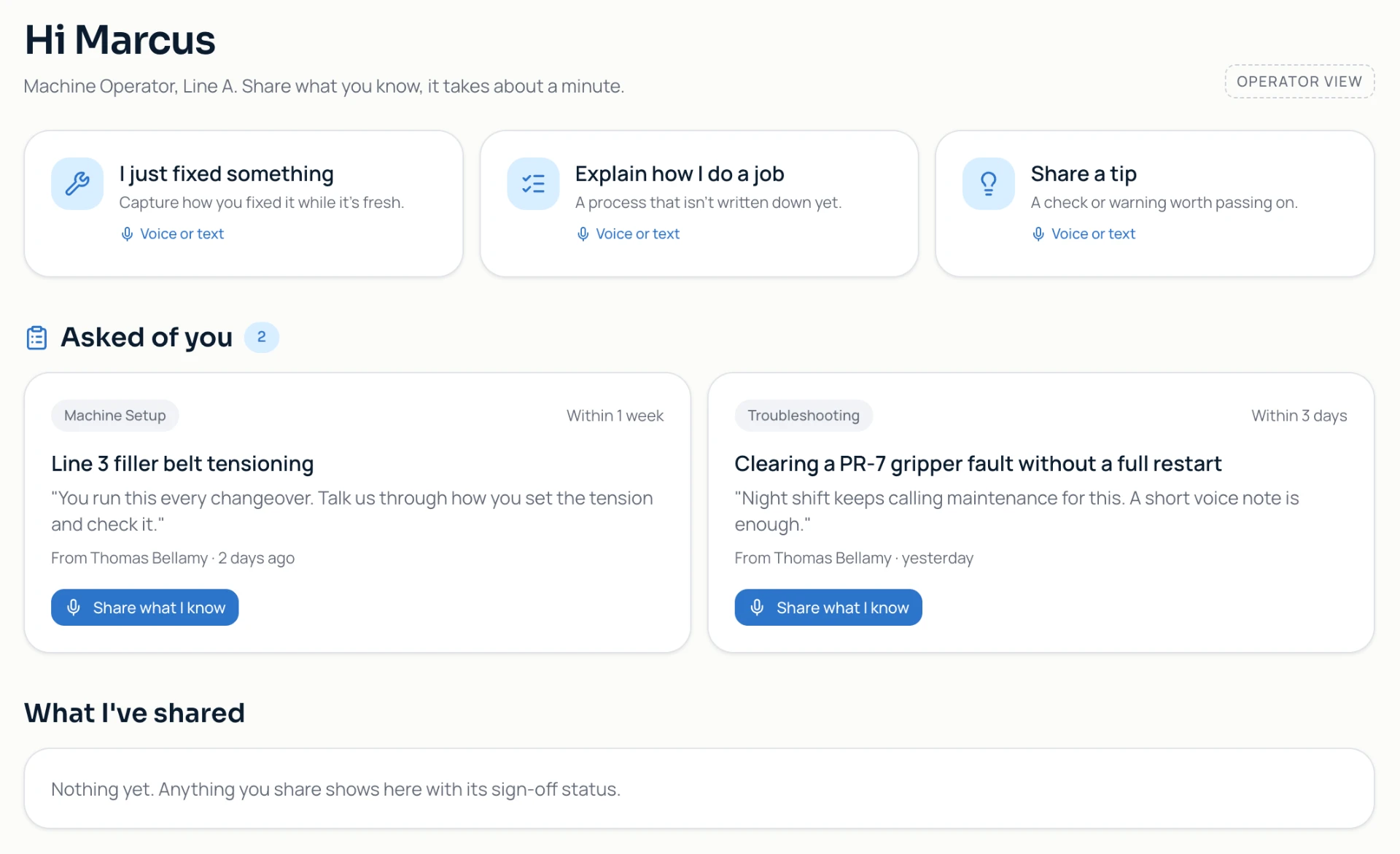 Edplay operator home view showing ways to share knowledge, requested contributions, deadlines and sign-off status