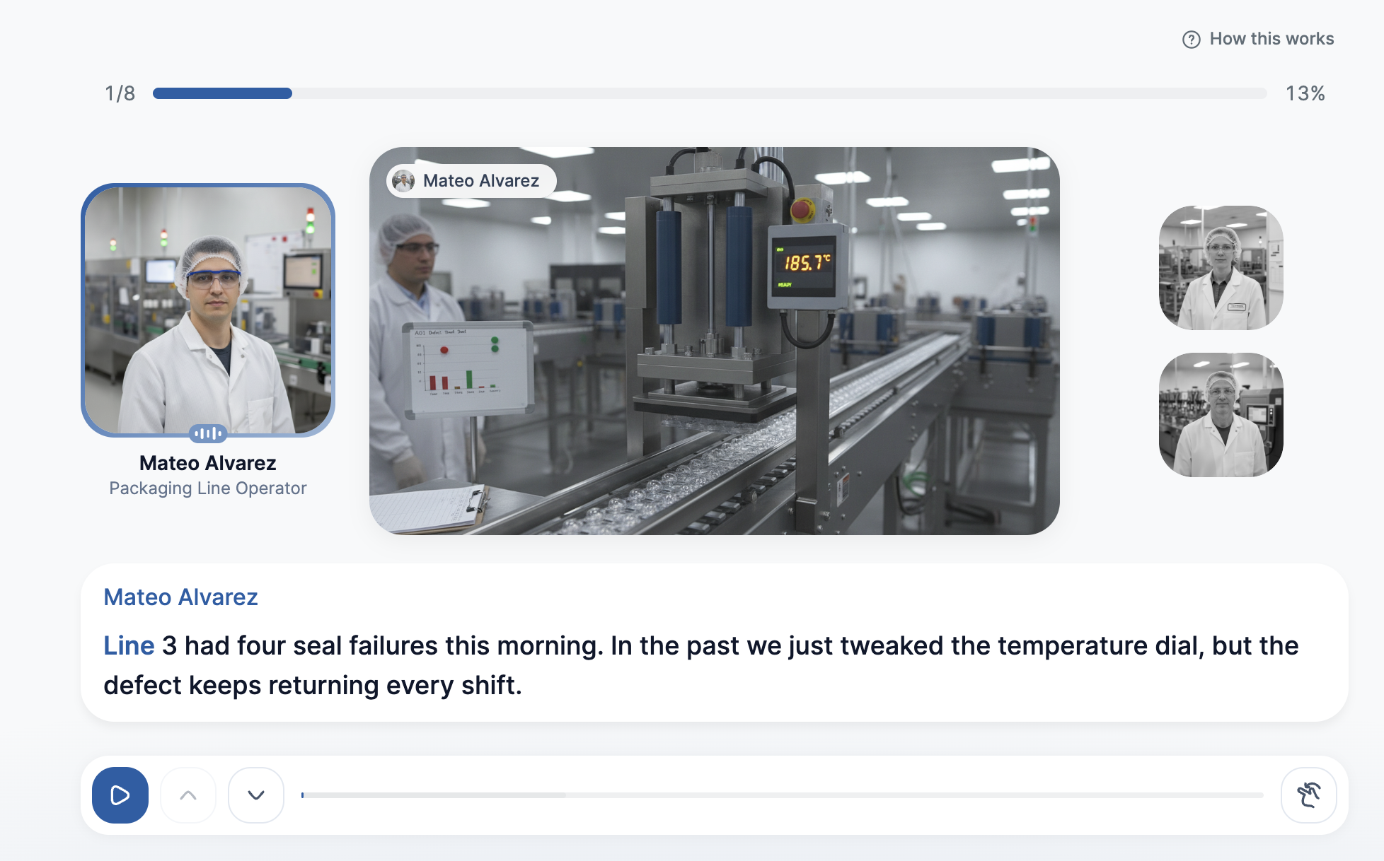 Edplay course view: packaging line operator Mateo Alvarez teaching through a video lesson, with transcript and progress at step 1 of 8