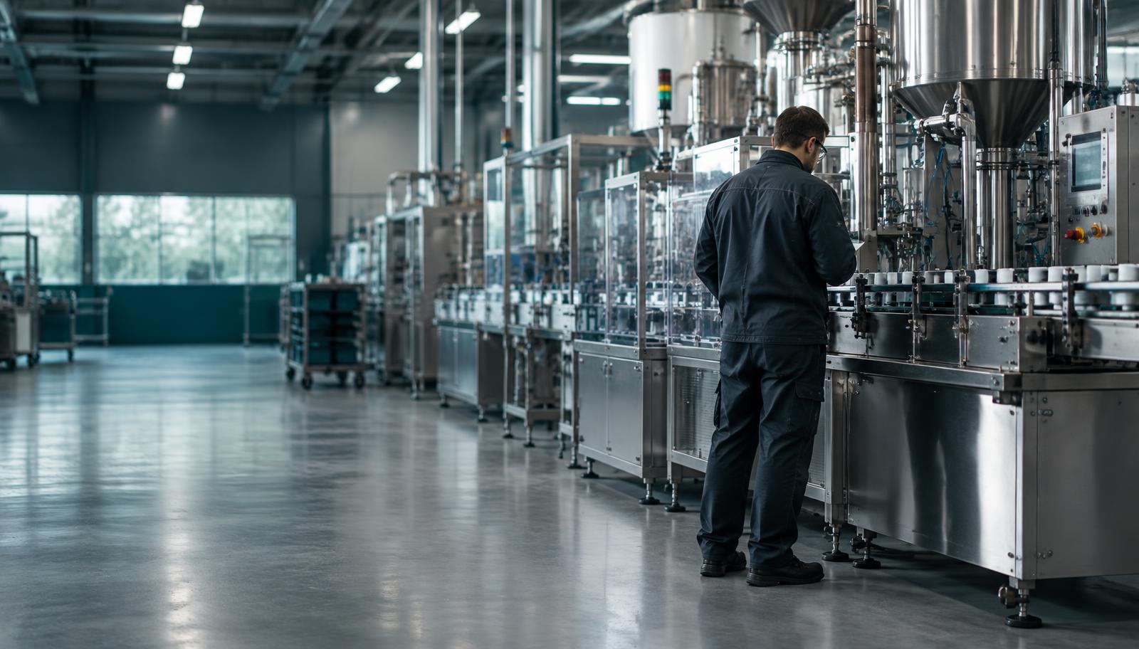 Operator working beside a production line in a modern manufacturing facility