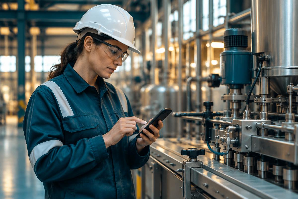 Technician using a phone beside manufacturing equipment
